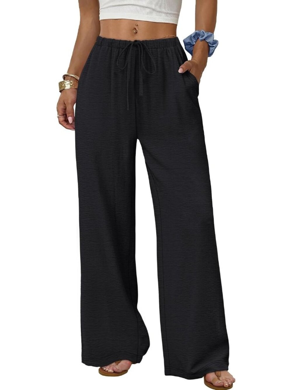 Women's Black Flowy Elastic Waist Trousers with Pockets Summer Leg Pants